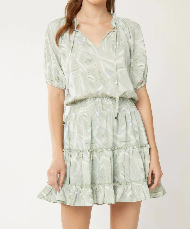 Printed Puff Sleeve Tiered Dress in Seafoam Chiffon unclassified dresses