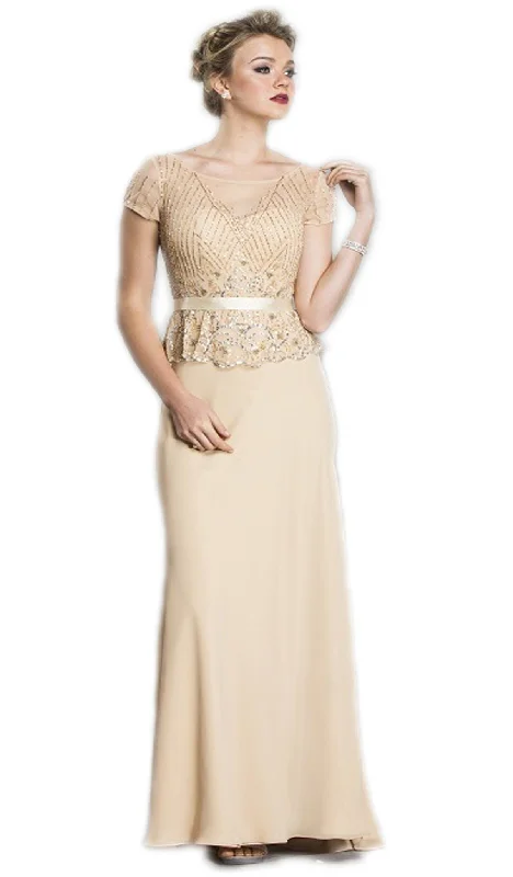 Trevi Collection - Beaded Sheer Peplum Evening Dress Neutral tone unclassified dresses
