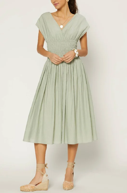 V-Neck Smocked Waist Dress in Silt Green Halter unclassified dresses